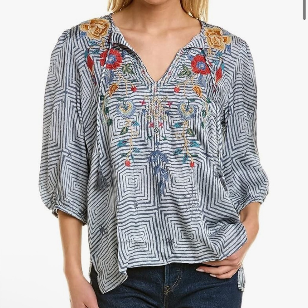 Johnny Was Taryn Flowy Tassel Embroidered Blouse